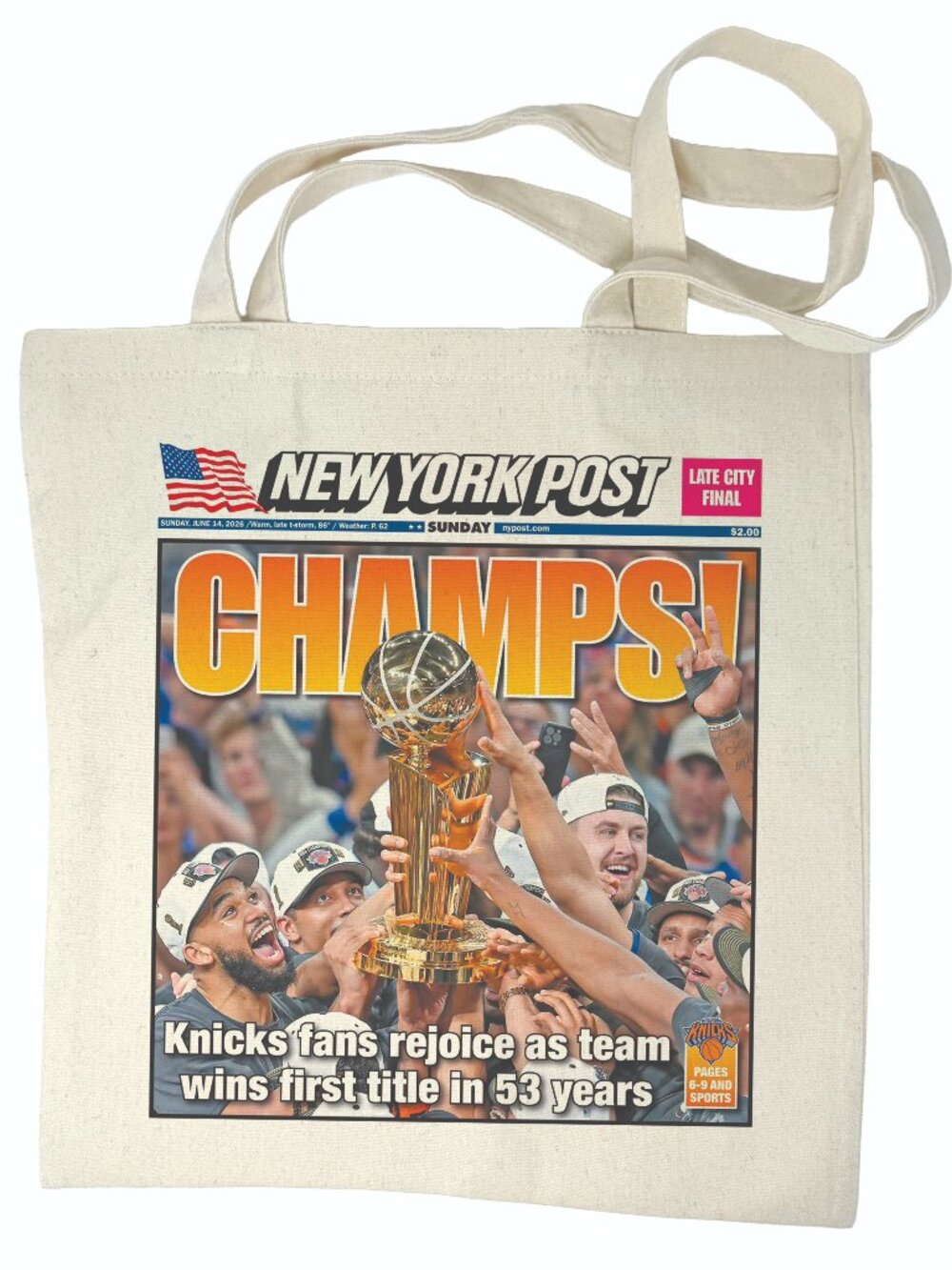 New York Post 6/14/26 Champs! NY Knicks NBA Finals Title Champions Tote